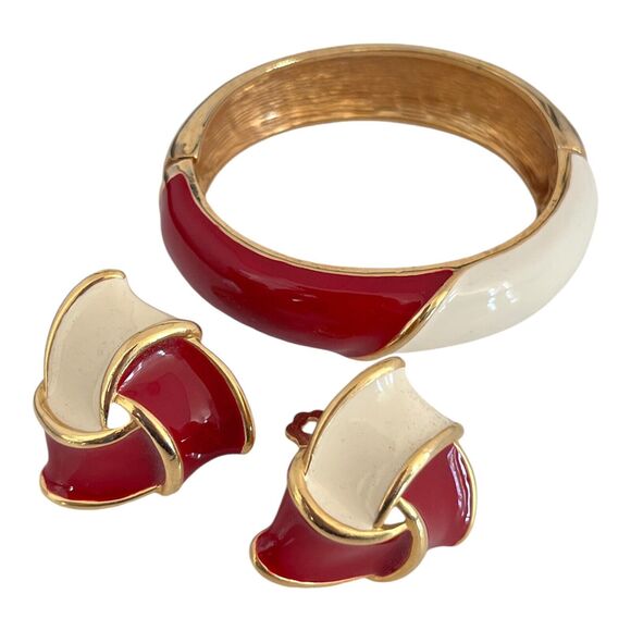 Vintage Bracelet Earring Set Red & Cream Enamel Gold Tone 9I - Picture 11 of 12